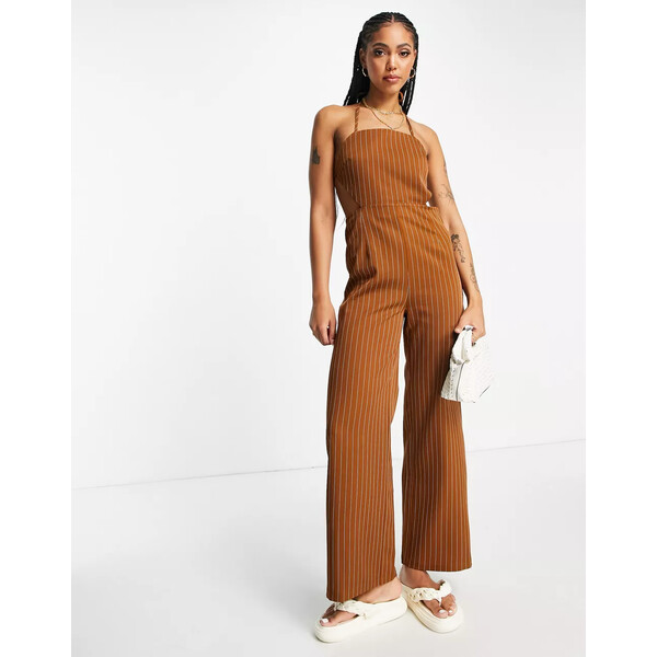 低廉 ローラ メイ レディース ワンピース トップス Lola May Halter Neck Open Back Wide Leg Jumpsuit In Rust Pinstripe Bronze Fucoa Cl