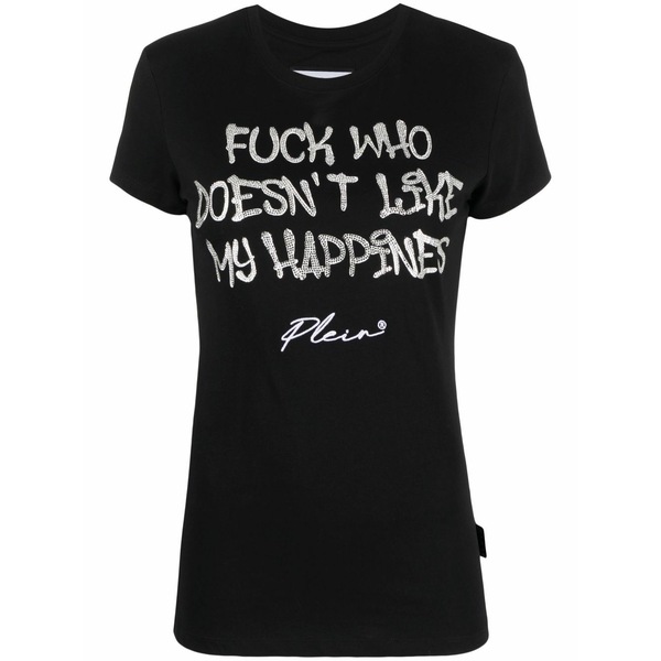 フィリッププレイン レディース Tシャツ トップス Sexy pure rhinestone-embellished t-shirt Black|asty