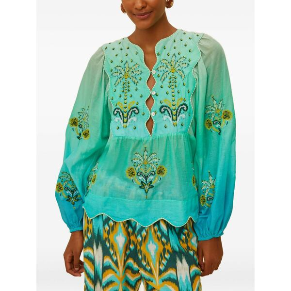 耕園 リオ レディース プルオーバー トップス Palm tree embroidered top Green
