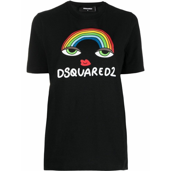 ディースクエアード レディース Tシャツ トップス Rainbow logo cotton t-shirt Black|asty
