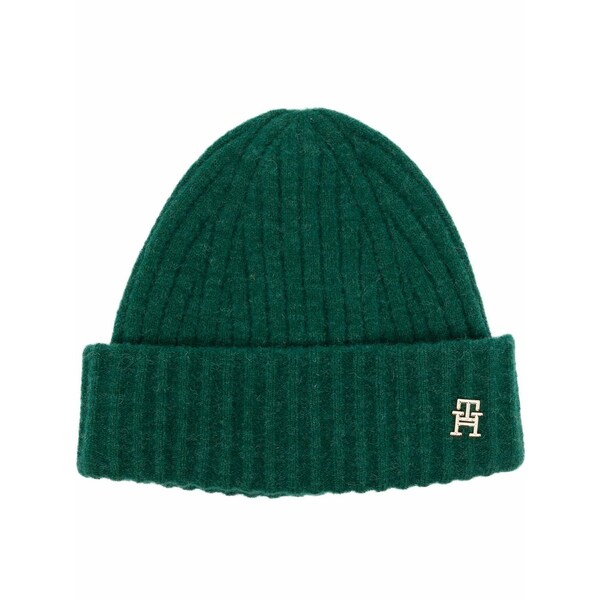 トミー ヒルフィガー レディース 鳥打ち帽 付属物 Logo-plaque ribbed knit beanie Green