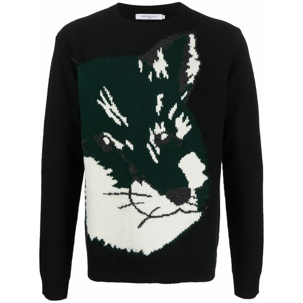 住み家 稲荷 メンズ 編み物\u0026プルオーバー アウター Fox head jacquard jumper Black