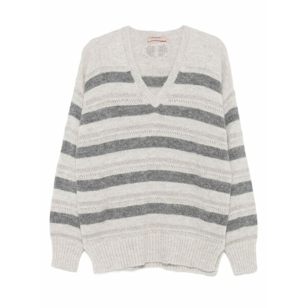 ツイン書き割り レディース 編み物\u0026ティーシャツ アウター Striped v-neck sweater Grey