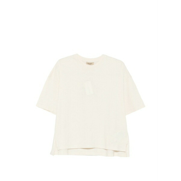 羊毛 一財産 レディース ティーシャツ トップス Logo-embroidered side-slit t-shirt Neutrals