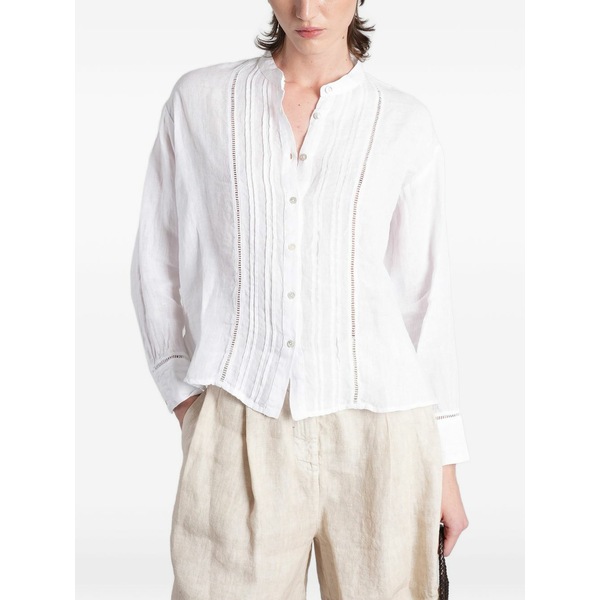 １２０％リノ レディース プルオーバー トップス Pin-tucked open-stitch shirt White