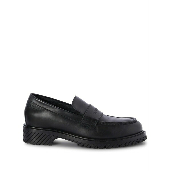 オフホワイト メンズ スリッポン・ローファー シューズ Military logo-debossed leather loafers Black|asty