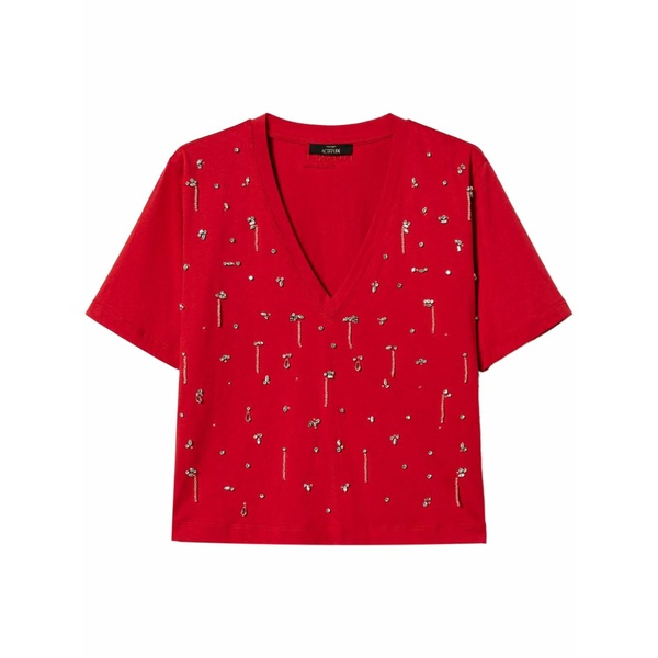 ツイン書き割り レディース ティーシャツ トップス Embroidered cropped t-shirt Red