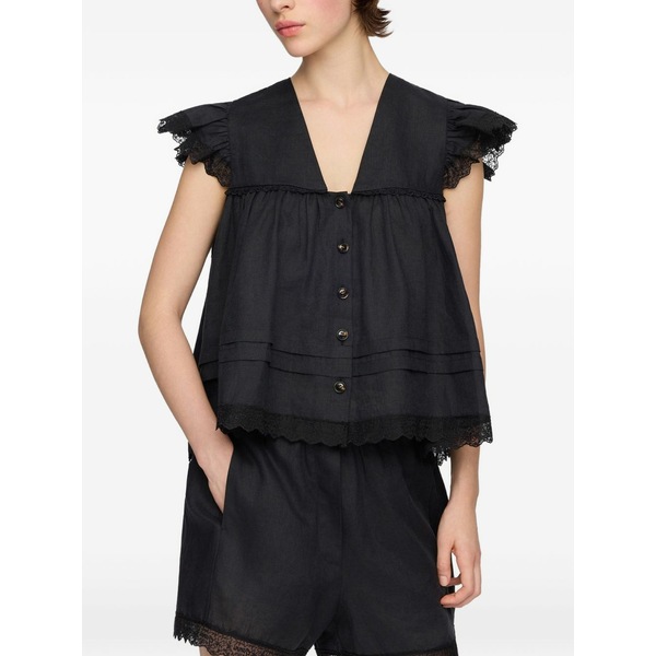 ガニー レディース プルオーバー トップス Lace-trimmed ruffled blouse Black