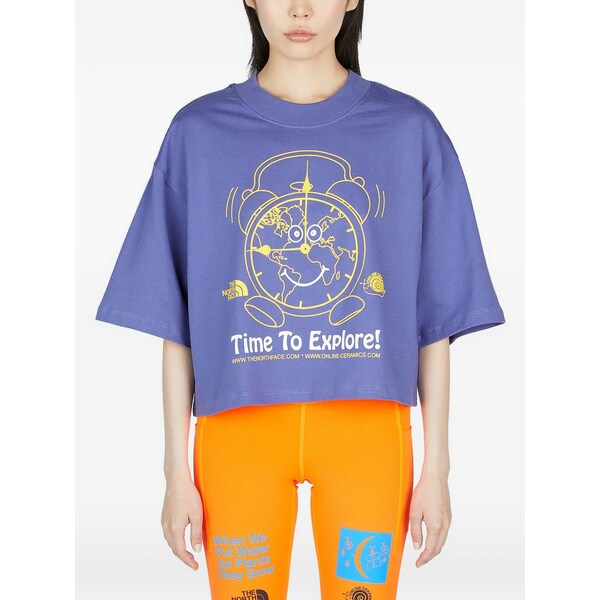北の方人間の顔 レディース ティーシャツ トップス X online ceramics clock-print cropped t-shirt Purple