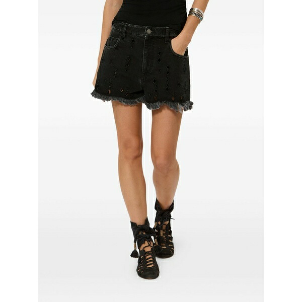 イザ呼びりん マラン レディース 心地好いズボン下 ボトムス Cut-out frayed-hem denim shorts Black