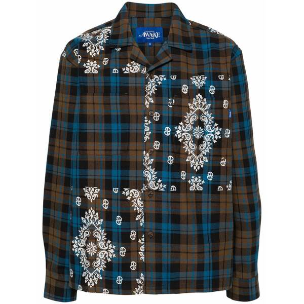 アウェイクニューヨーク メンズ プルオーバー トップス Checked cotton shirt Brown