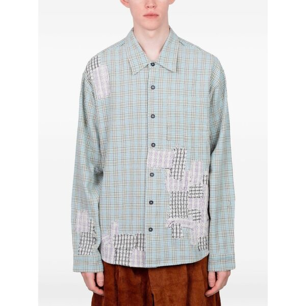 ストーリーエムエフジー メンズ ティーシャツ トップス Patchwork plaid shirt Blue