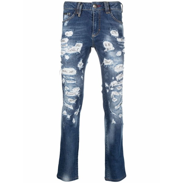フィリップ飾り気の無い メンズ ジーンズズボン下 ボトムス Mesh ripped-detail jeans Blue