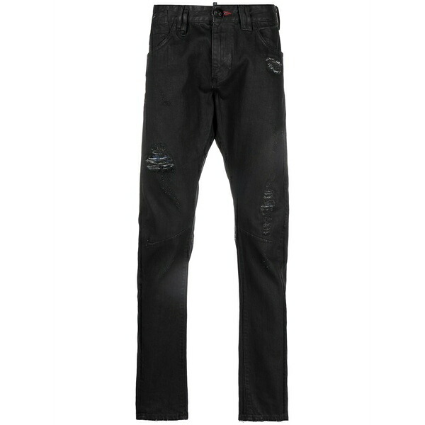 フィリッププレイン メンズ デニムパンツ ボトムス Distressed skinny-cut jeans Black｜asty