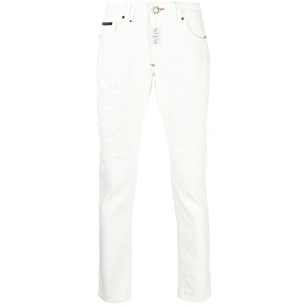 フィリップ飾り気の無い メンズ ジーンズズボン下 ボトムス Distressed straight-leg jeans White