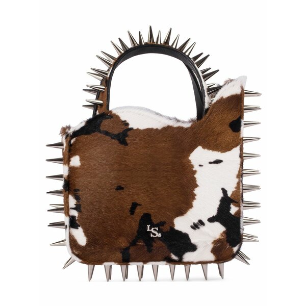 ル シラ レディース ハンドバック 御徒面子 Small ivy cowhide spike-embellished tote bag Brown