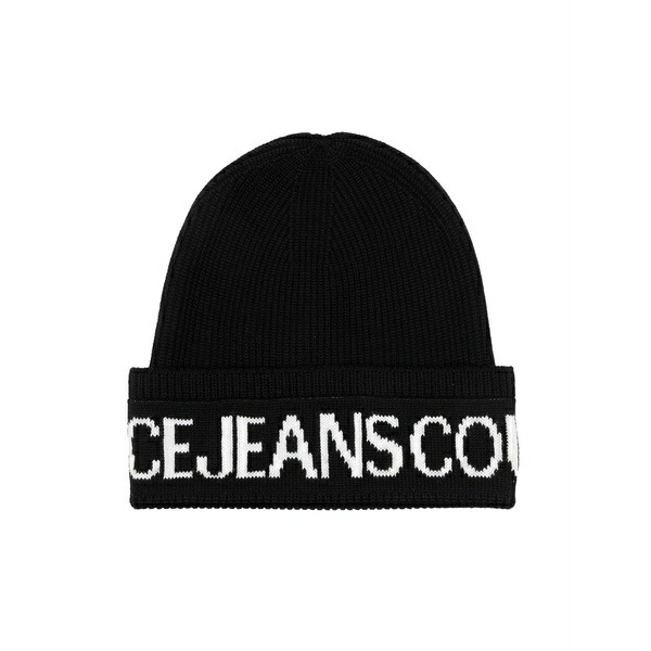 ベルサーチ メンズ 帽子 アクセサリー Intarsia-logo ribbed beanie Black｜asty