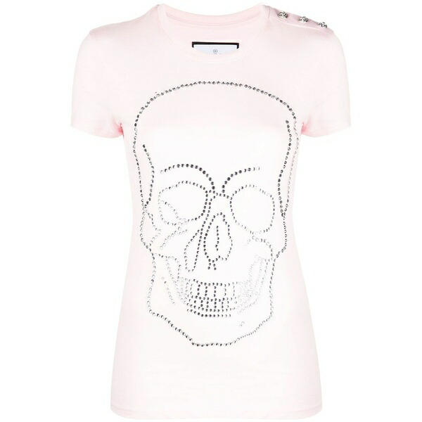フィリッププレイン レディース Tシャツ トップス Crystal-embellished t-shirt Pink｜asty