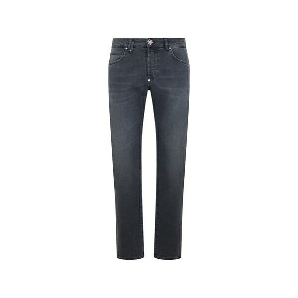 フィリッププレイン メンズ デニムパンツ ボトムス Logo-plaque faded jeans Black|asty
