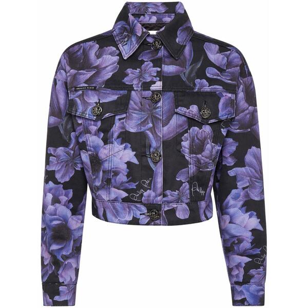 フィリップ飾り気の無い レディース 上衣＆上衣 アウター Floral-print cropped denim jacket Black