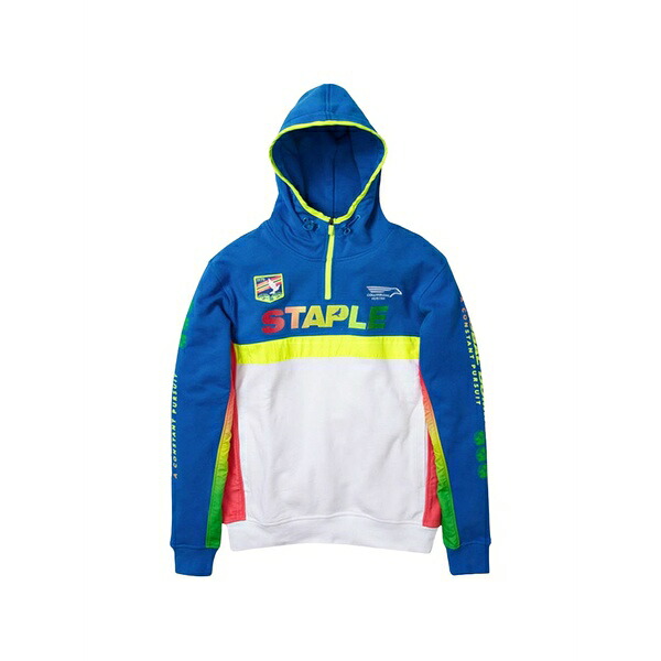 ステイプル メンズ プルオーバー トップス Logo-print colour-block hoodie Blue