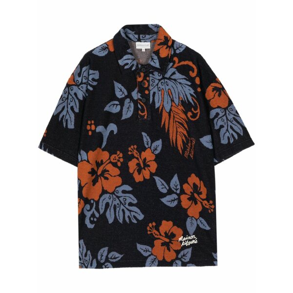 住み家 稲荷 メンズ スポーツシャツ トップス Floral-print towelling-finish polo shirt  Blue