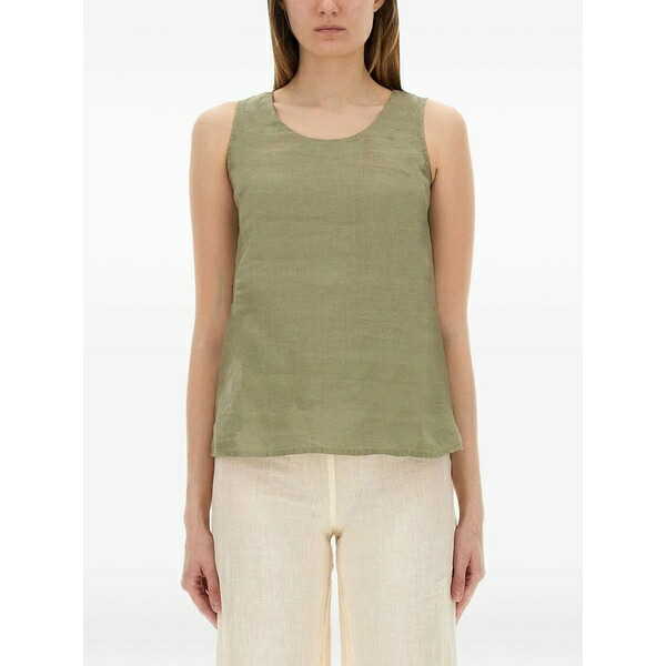１２０％リノ レディース カットソー トップス Round-neck linen top Green