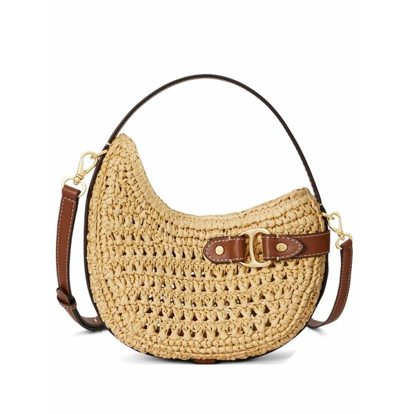 ラルフローレン レディース トートバッグ 御徒面子 Small tasha leather-trimmed crochet-straw tote bag Neutrals