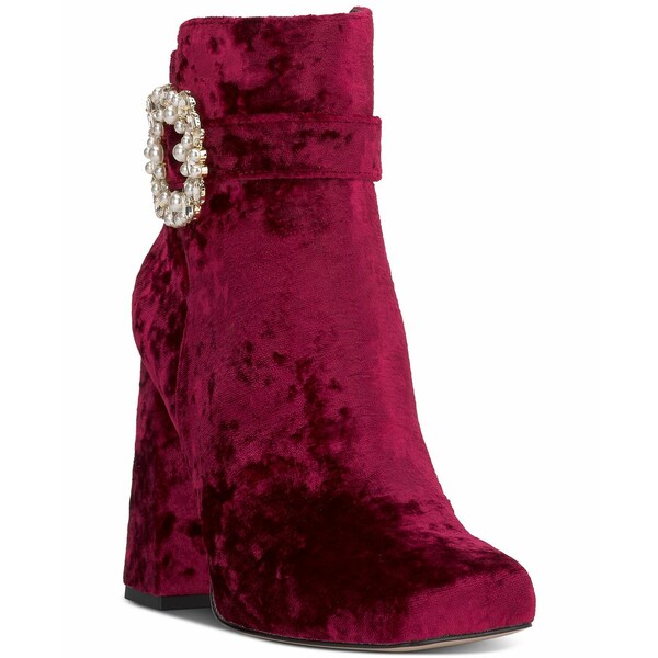 ジェシカシンプソン レディース ブーツ シューズ Women's Luminna Embellished Buckle Block-Heel Booties Oxblood Crushed Velvet画像