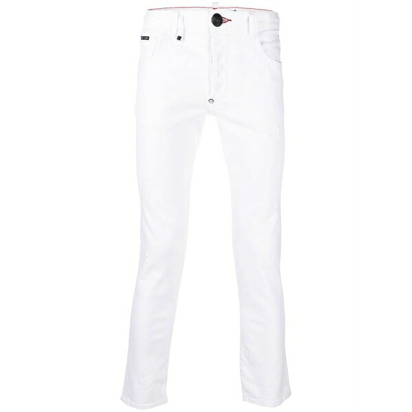 フィリッププレイン メンズ デニムパンツ ボトムス Embroidered-logo slim-fit jeans White|asty