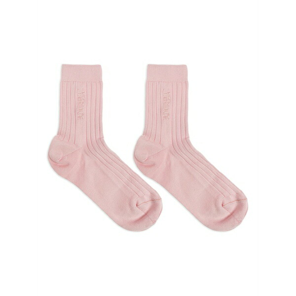 ヴェルサーチ レディース ソックス アンダー御召しもの Ribbed logo-embroidered socks Pink