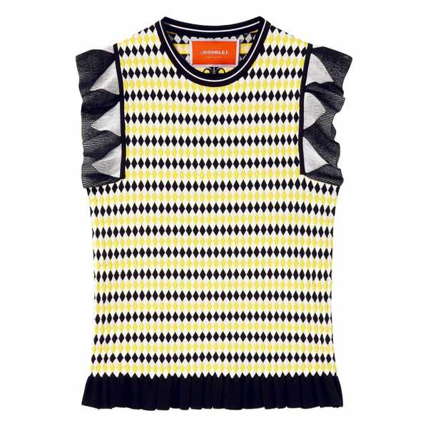 ラ・ダブル・ジェイ レディース カットソー トップス Checkers ruffled short-sleeve top Yellow｜asty