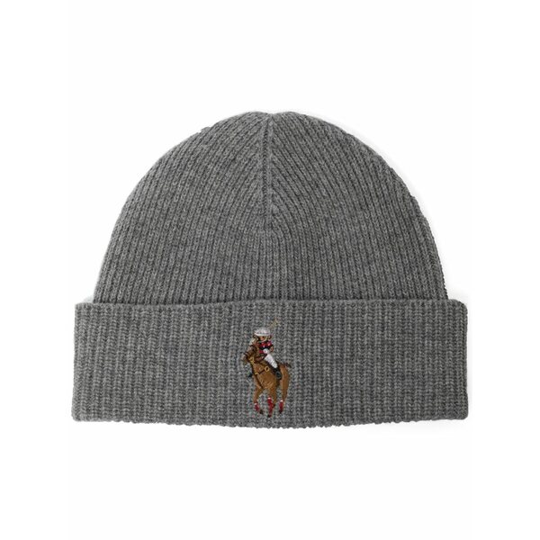ラルフローレン メンズ 帽子 アクセサリー Embroidered rib-knit beanie Grey|asty