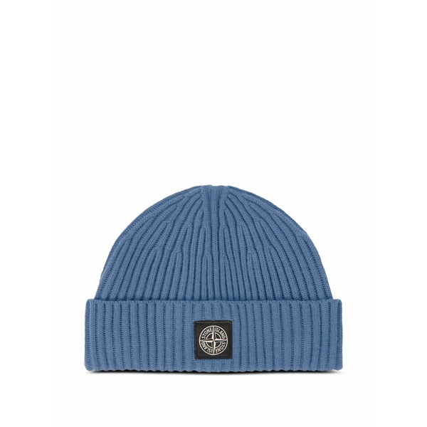 ストーンアイランド メンズ かぶり笠 佩び物 Ribbed logo-patch beanie hat Blue