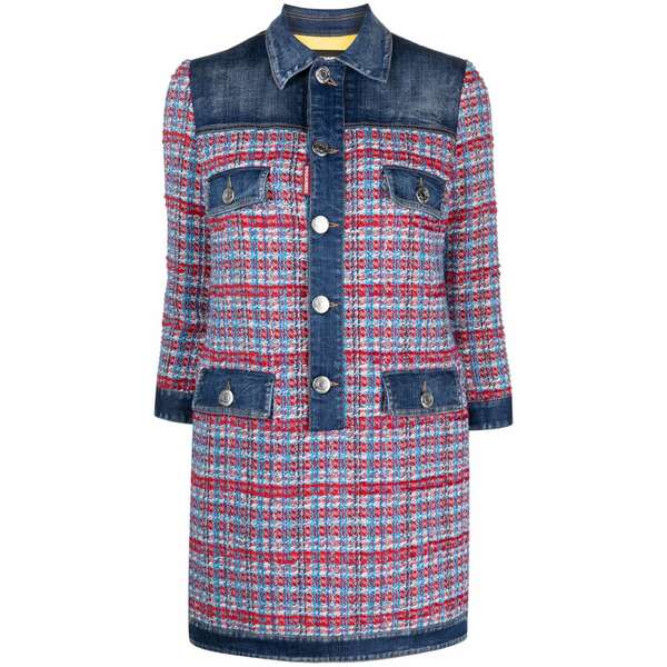 ディースクエアード レディース ワンピース トップス Panelled tweed denim mini dress Blue|asty