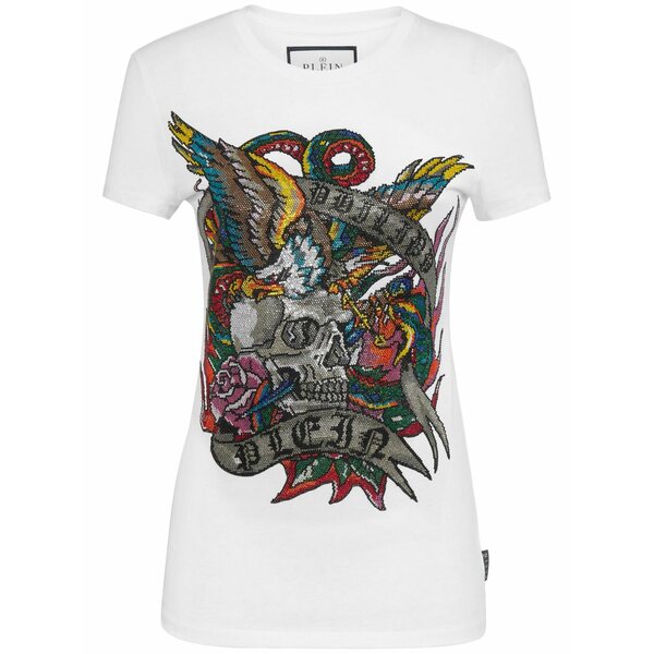 フィリッププレイン レディース Tシャツ トップス Tattoo-embellished t-shirt White|asty