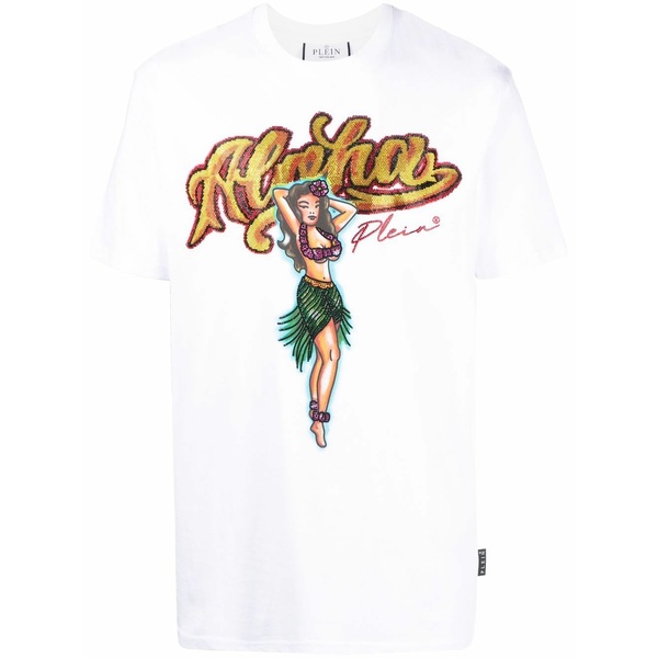 フィリッププレイン メンズ Tシャツ トップス Graphic-print crystal-embellished t-shirt White｜asty 52,080円