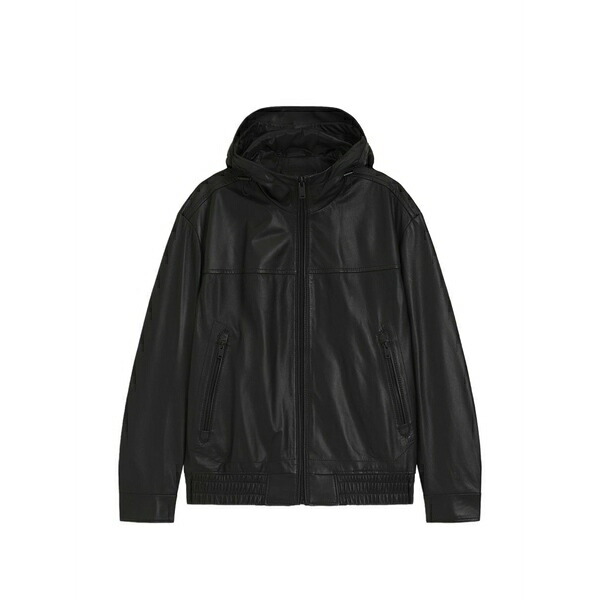 ボス メンズ ジャケット&ブルゾン アウター Hooded leather jacket Black|asty
