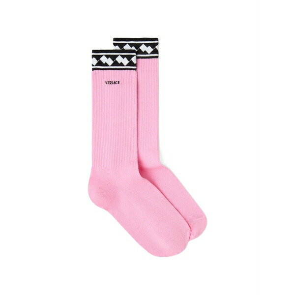 ヴェルサーチ レディース 靴下 アンダーウェア Embroidered cotton jacquard ribbed socks Pink｜asty