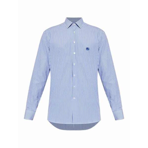 エトロ メンズ シャツ トップス Striped logo-embroidered shirt Blue｜asty