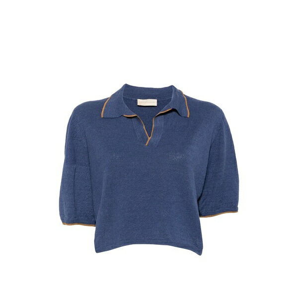 モモン レディース Tシャツ トップス Columbia contrast-trim polo-collar linen t-shirt Blue｜asty