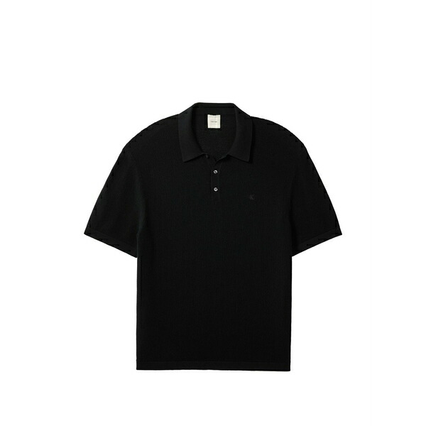 カルバンクライン メンズ ポロシャツ トップス Waffle-knit logo-embroidered polo shirt Black｜asty