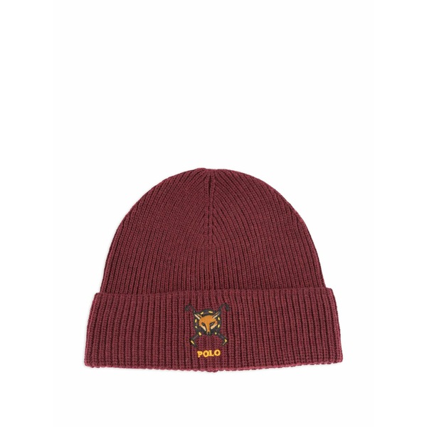 ラルフローレン メンズ 帽子 アクセサリー Embroidered rib-knit beanie hat Red｜asty