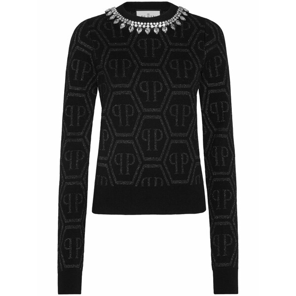 フィリップ飾り気のない レディース 編み物\u0026プルオーバー アウター Monogram crystal-embellished jumper Black