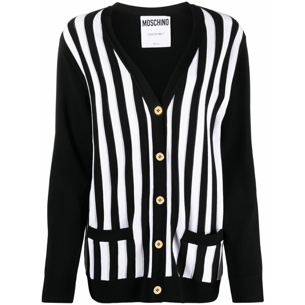 モスキーノ レディース ジレー アウター Striped ribbed-knit cardigan Black