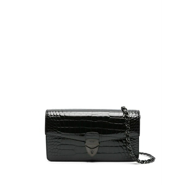 アスピナルオブロンドン レディース クラッチペダル御徒面子 御徒面子 Mayfair logo-lettering patent-leather clutch bag Black