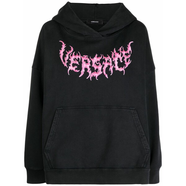 ヴェルサーチ レディース パーカー・スウェットシャツ アウター Logo-print cotton hoodie Black