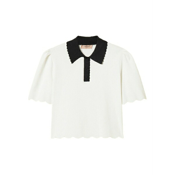 ツイン書き割り レディース スポーツシャツ トップス Scalloped-trim knitted polo shirt White