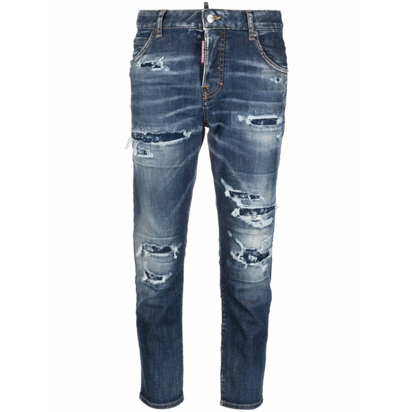 ディースクエアード レディース デニムパンツ ボトムス Distressed logo-patch cropped jeans Blue|asty