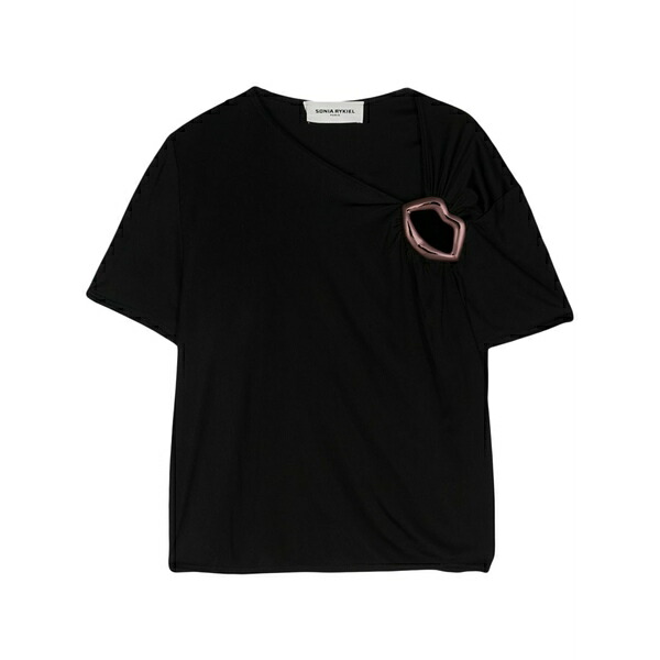 ソニアリキエル レディース Tシャツ トップス Lips-motif asymmetric t-shirt Black|asty